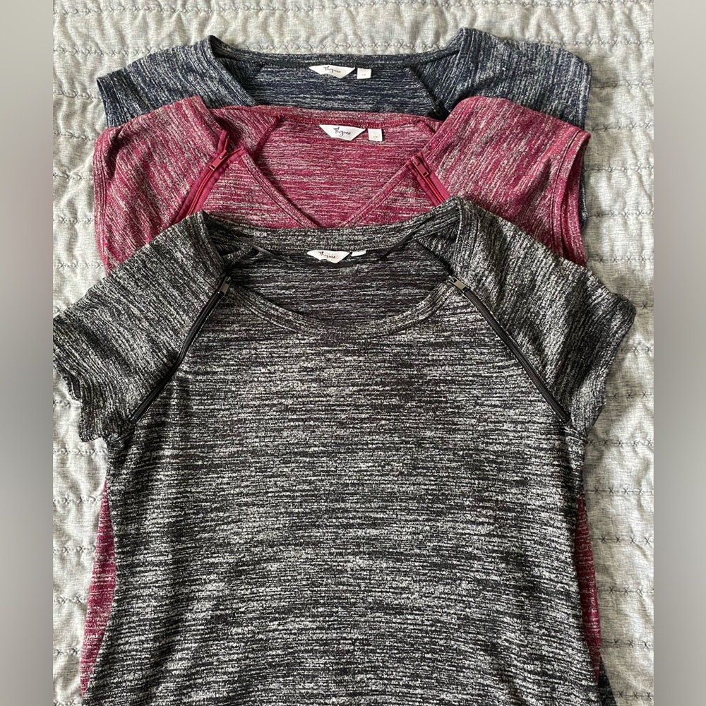 Thyme Maternity Short Sleeve Tee Trio in Charcoal, Heather Gray, and Berry
